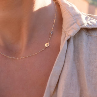Shining Smiles Boutique 1 Letter & 1 Petite Birthstone Necklace in 14K Gold (Double Spacing)