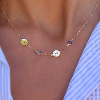 Shining Smiles Boutique 2 Letter & 2 Petite Birthstone Necklace in 14K Gold (Single Spacing)