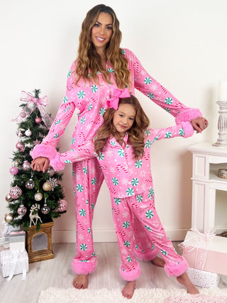 Mommy and Me Peppermint Candy Dream Furry Pajama Set | Shining Smiles Boutique