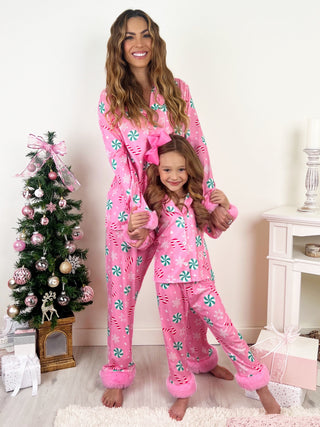 Mommy and Me Peppermint Candy Dream Furry Pajama Set | Shining Smiles Boutique